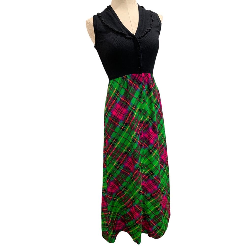 Small 1960s Vintage Bright Plaid Maxi Dress Button Up Sleeveless